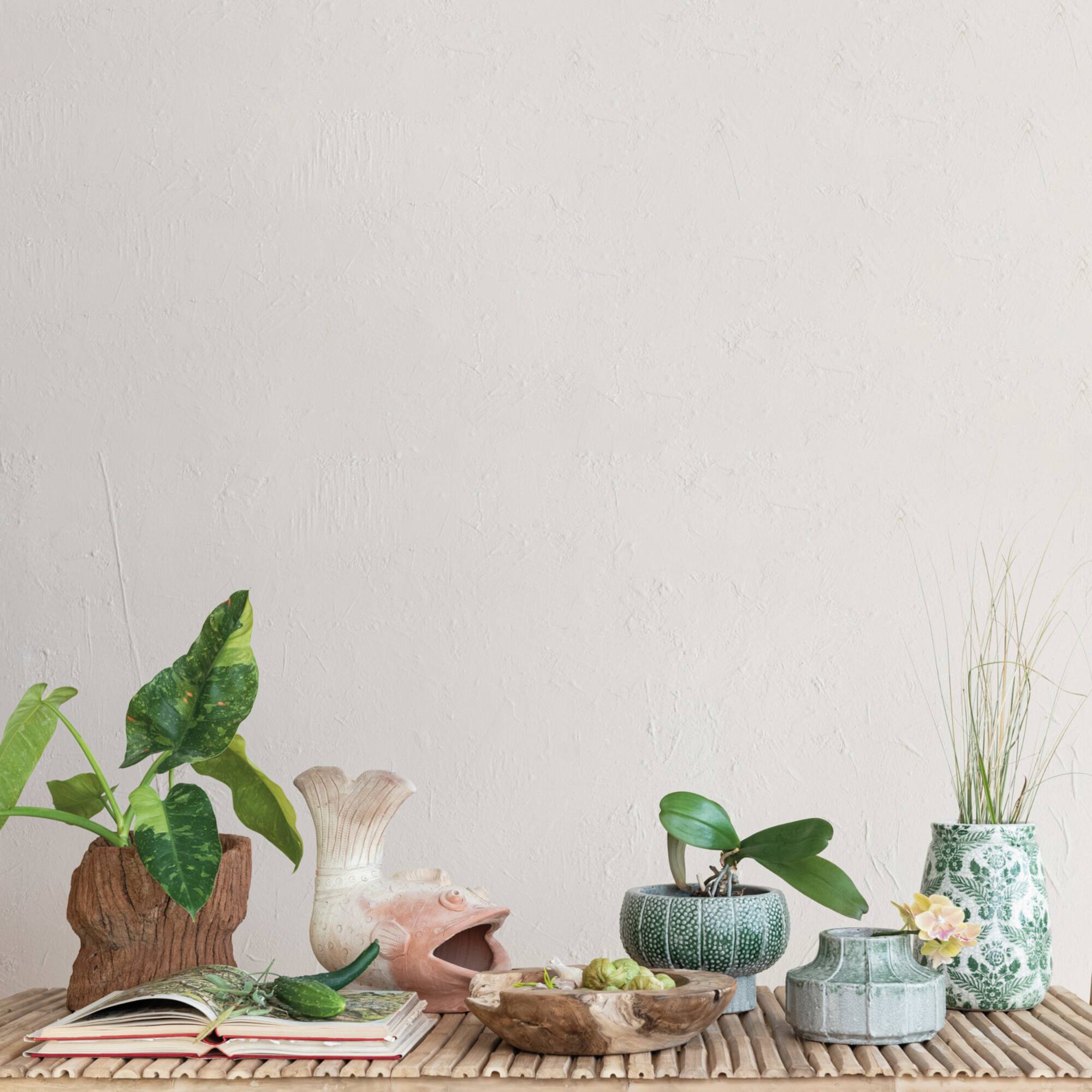 Hello Honey® 10.75" Green & White Flower Patterned Terra Cotta Planter Vase with Crackle Glaze